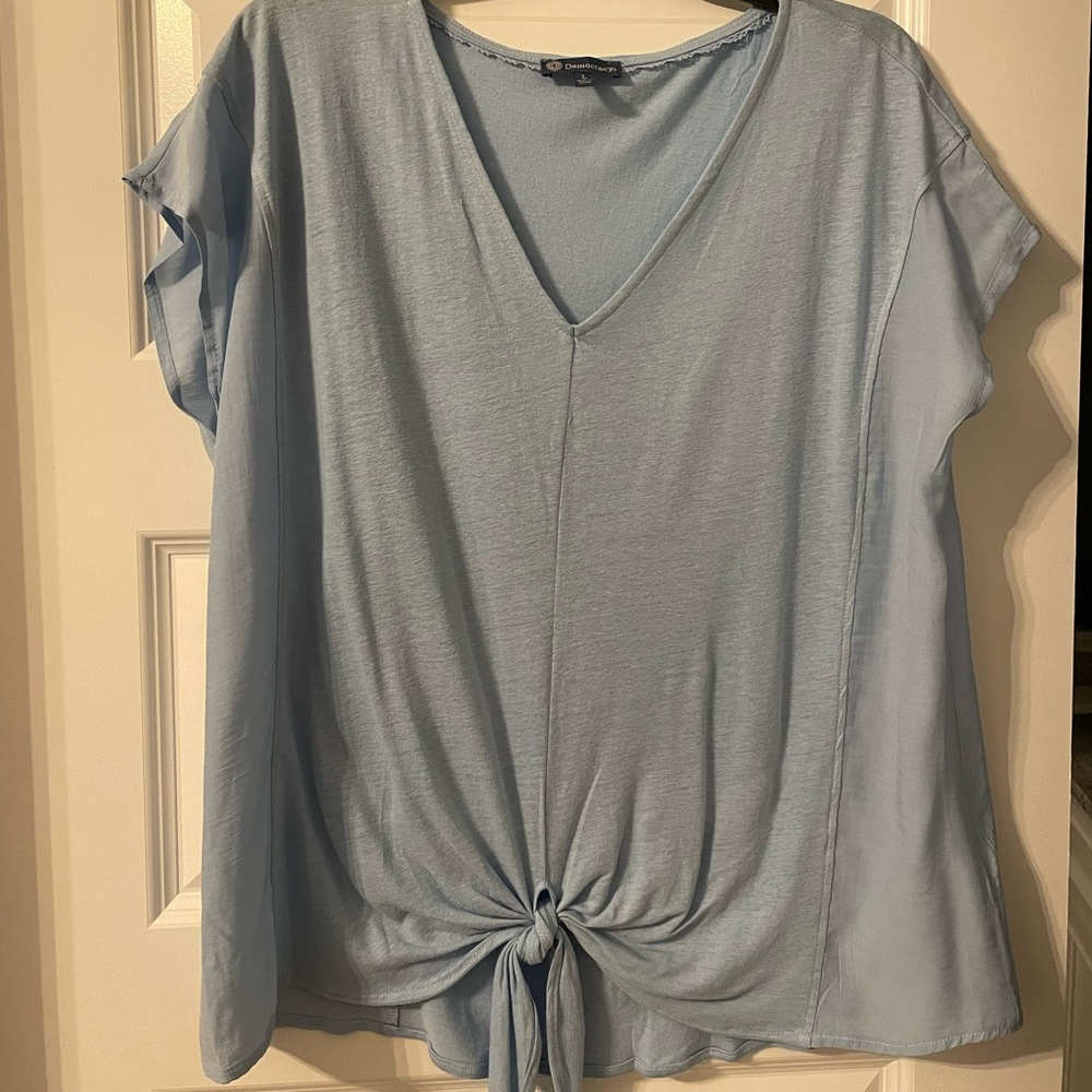 Democracy light blue top with tie bottom